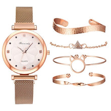Load image into Gallery viewer, Moda 5 pçs conjunto de relógios femininos luxo ímã fivela flor strass relógio senhoras quartzo relógio de pulso pulseira definir reloj mujer