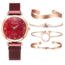 Load image into Gallery viewer, Moda 5 pçs conjunto de relógios femininos luxo ímã fivela flor strass relógio senhoras quartzo relógio de pulso pulseira definir reloj mujer
