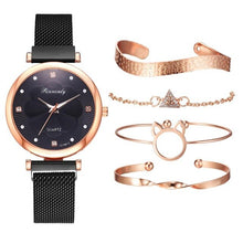 Load image into Gallery viewer, Moda 5 pçs conjunto de relógios femininos luxo ímã fivela flor strass relógio senhoras quartzo relógio de pulso pulseira definir reloj mujer