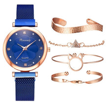 Load image into Gallery viewer, Moda 5 pçs conjunto de relógios femininos luxo ímã fivela flor strass relógio senhoras quartzo relógio de pulso pulseira definir reloj mujer