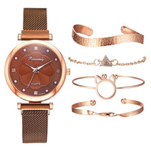 Load image into Gallery viewer, Moda 5 pçs conjunto de relógios femininos luxo ímã fivela flor strass relógio senhoras quartzo relógio de pulso pulseira definir reloj mujer