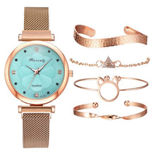 Load image into Gallery viewer, Moda 5 pçs conjunto de relógios femininos luxo ímã fivela flor strass relógio senhoras quartzo relógio de pulso pulseira definir reloj mujer
